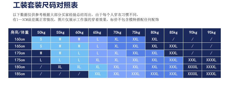 倉儲包裝夏季工作服尺寸明細(xì)表